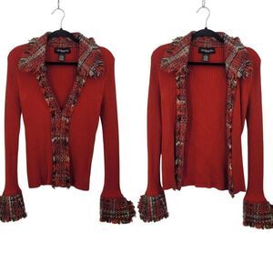 My Favorite Things Red Ribbed Silk Cardigan Jacket L Plaid‎ Tweed Collar Cuffs